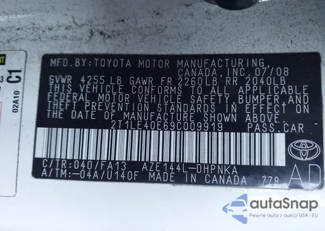 2009 Toyota Matrix S z USA, uszkodzony, nr VIN 2T1LE40E69C009919